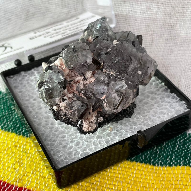 Fluorite and Black Tourmaline in display box, Erongo Mountain, Erongo Region, Namibia