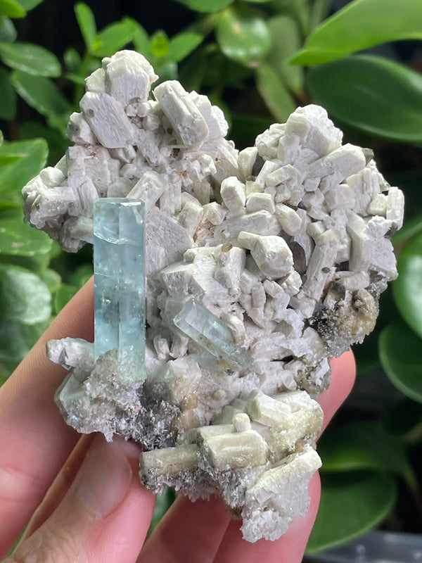 Aquamarine Specimen on Feldspar with Hyalite opal, and Smoky Quartz from Erongo Mountain, Erongo Region, Namibia