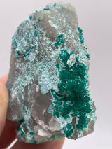 Calcite on Dioptase & Chrysocolla on Quartz from Omaue, Kaokoveld, Namibia