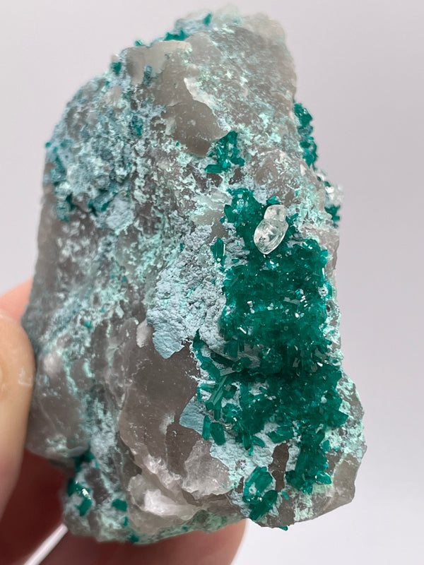 Calcite on Dioptase & Chrysocolla on Quartz from Omaue, Kaokoveld, Namibia