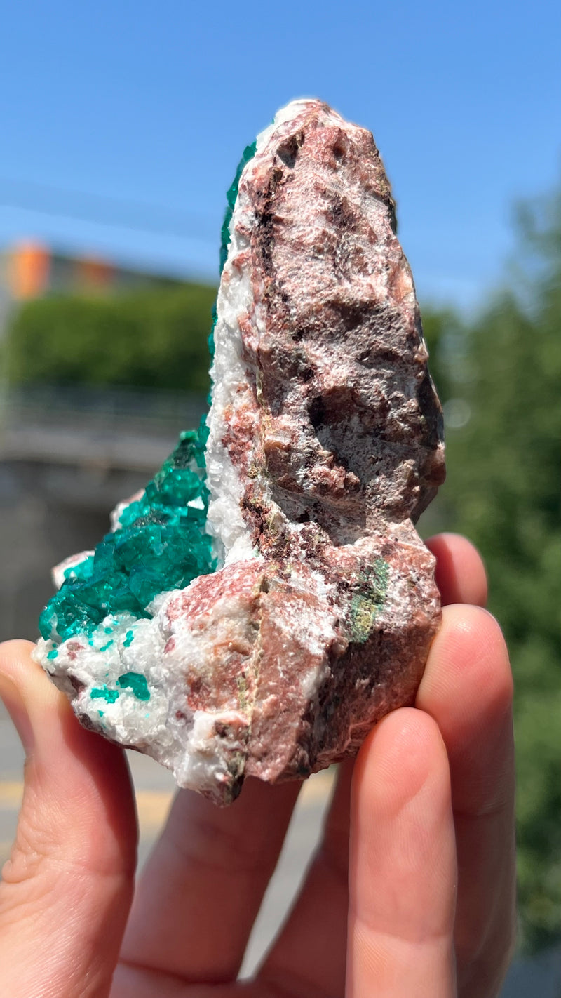 Dioptase on Calcite from the Tsumeb Mine, Tsumeb Oshikoto Region, Namibia