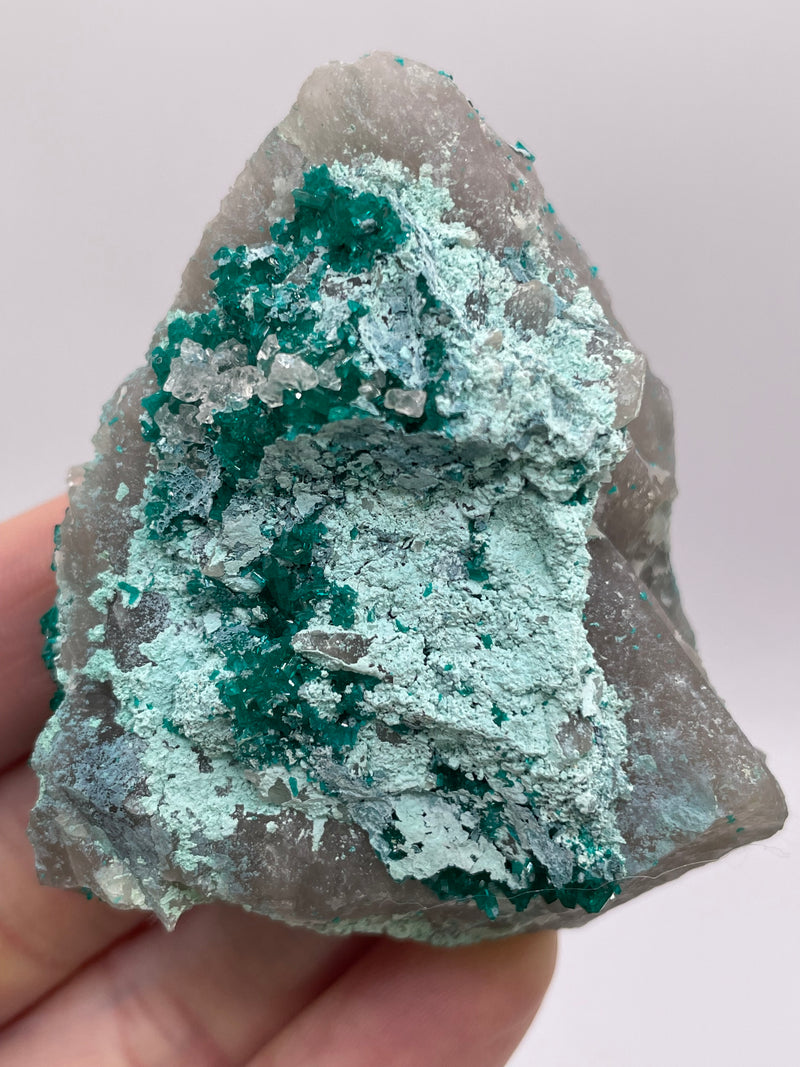 Calcite on Dioptase & Chrysocolla on Quartz from Omaue, Kaokoveld, Namibia