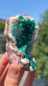 Dioptase on Calcite from the Tsumeb Mine, Tsumeb Oshikoto Region, Namibia