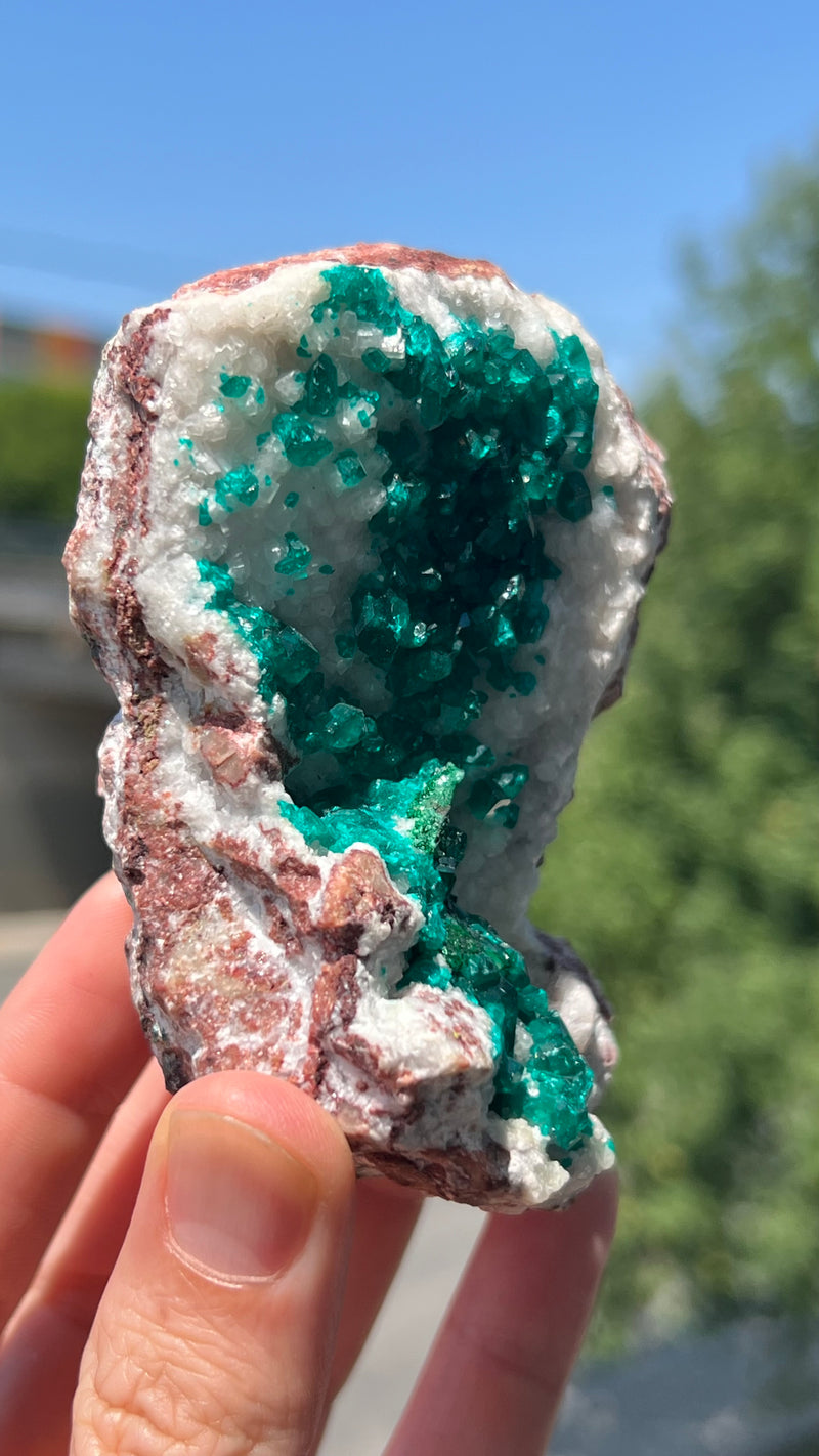 Dioptase on Calcite from the Tsumeb Mine, Tsumeb Oshikoto Region, Namibia