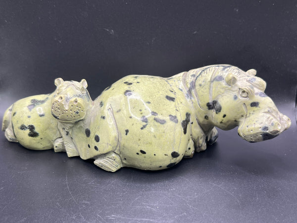 Serpentine Hippopotamus Family Sculpture