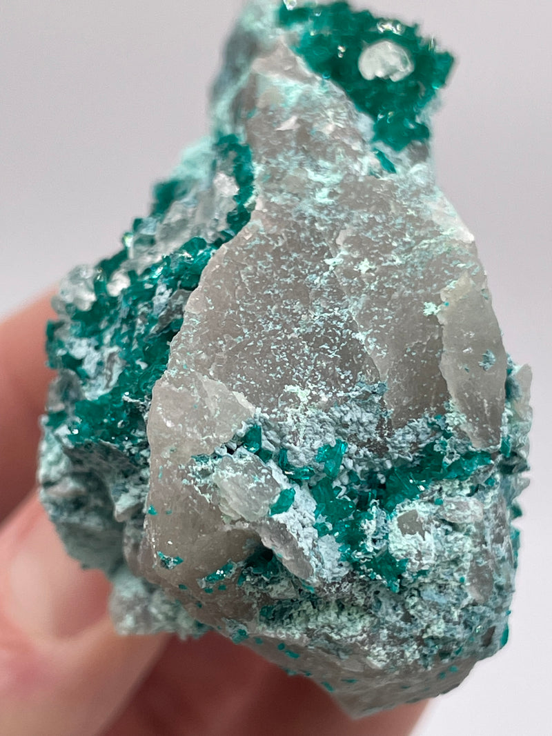 Calcite on Dioptase & Chrysocolla on Quartz from Omaue, Kaokoveld, Namibia