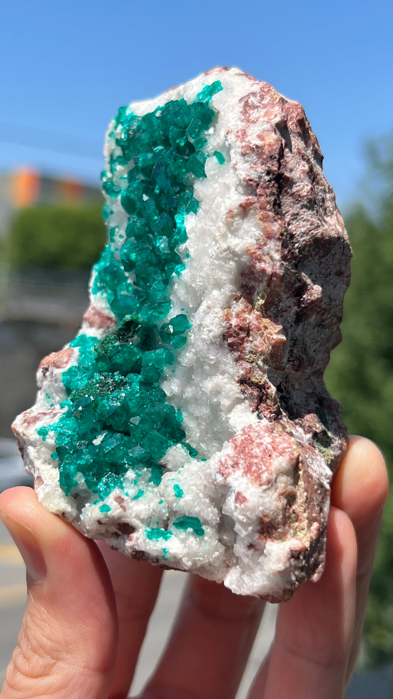 Dioptase on Calcite from the Tsumeb Mine, Tsumeb Oshikoto Region, Namibia