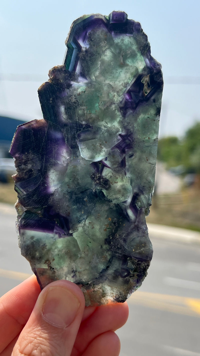 Purple and Green Okorusu Fluorite Slice from the Okorusu Mine, Namibia, Africa.