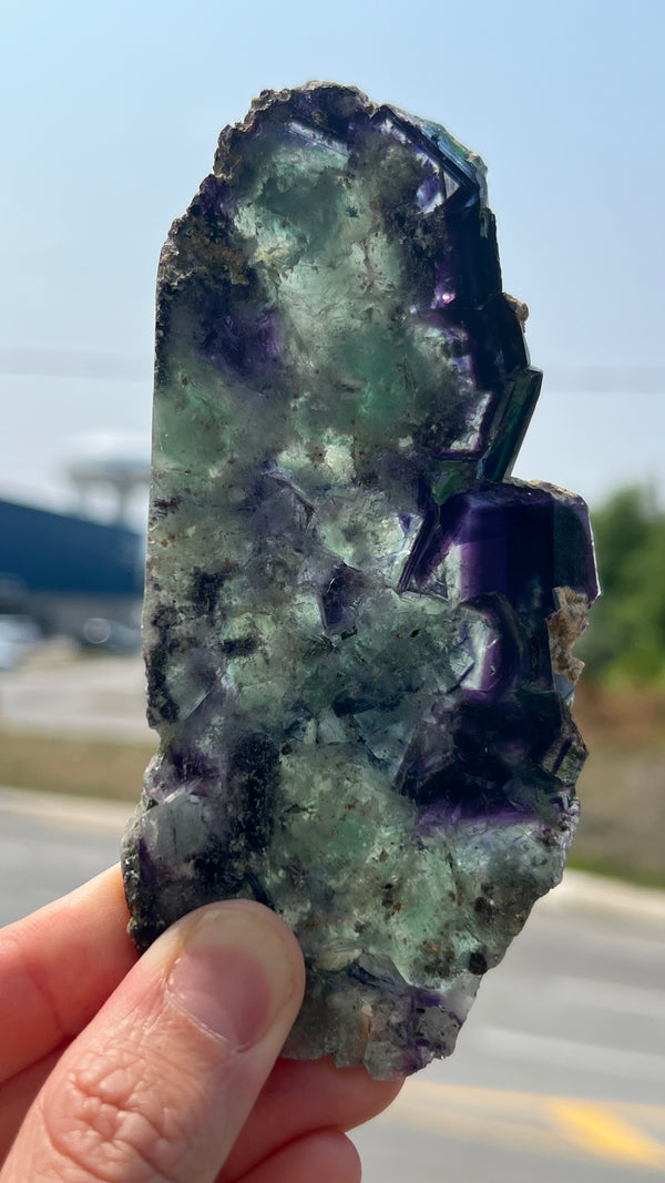 Purple and Green Okorusu Fluorite Slice from the Okorusu Mine, Namibia, Africa.