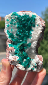 Dioptase on Calcite from the Tsumeb Mine, Tsumeb Oshikoto Region, Namibia