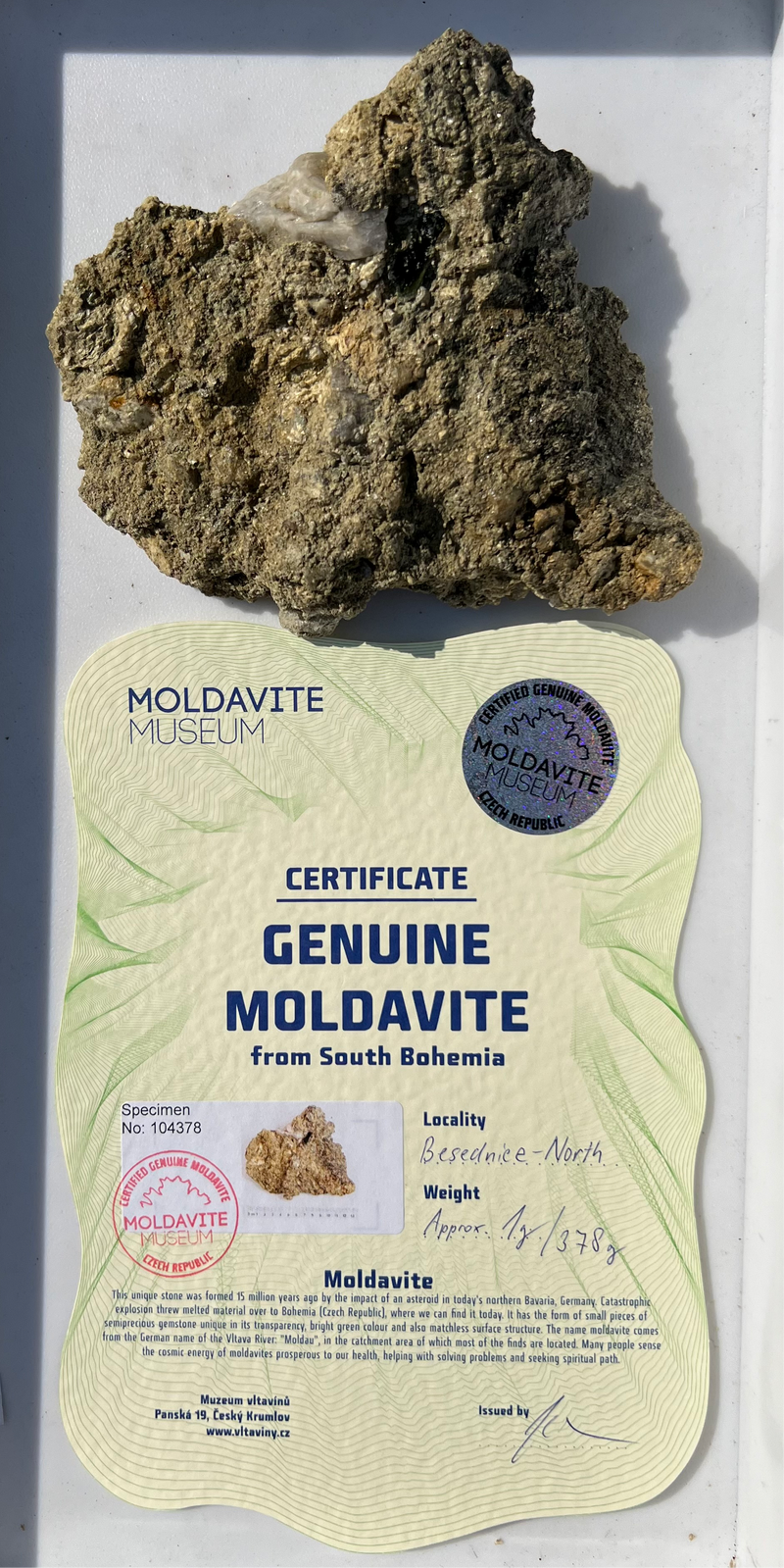 Genuine Moldavite, Moldavite on Matrix from South Bohemia Czech Republic, 378 grams