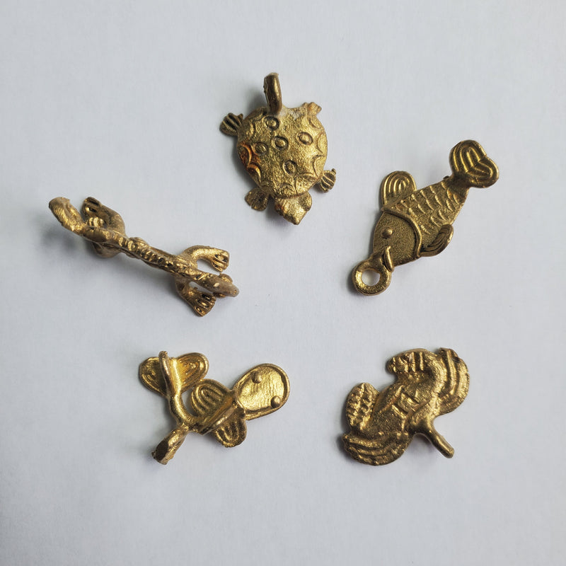 Set of 5 Bronze Pendants, Two Fish, Turtle, Crab, Alligator from the Baule Tribe of Ivory Coast