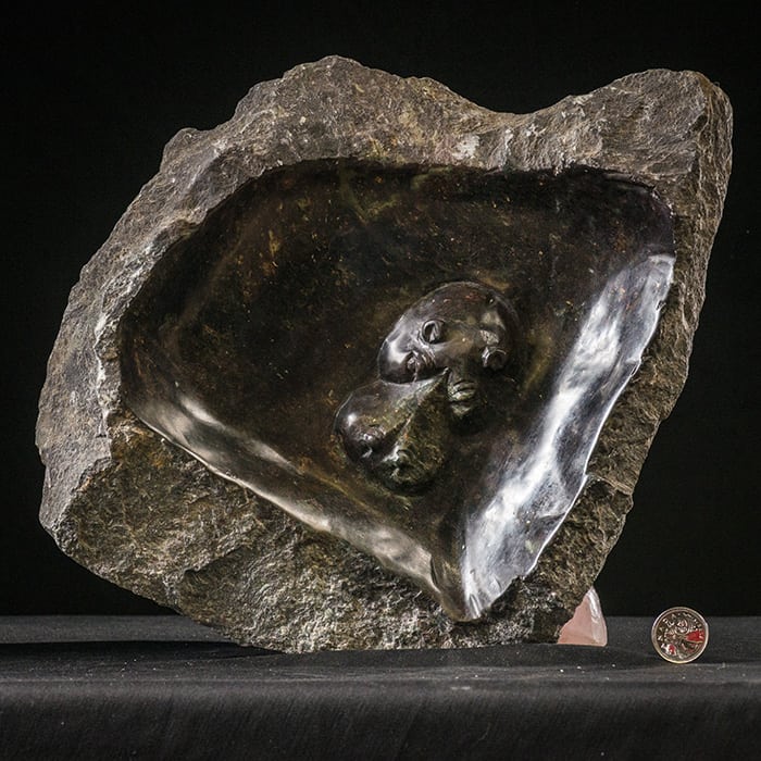 Hippopotamus Bowl, 26.6 cm, cobalt serpentine, Shona Sculpture, Zimbabwe