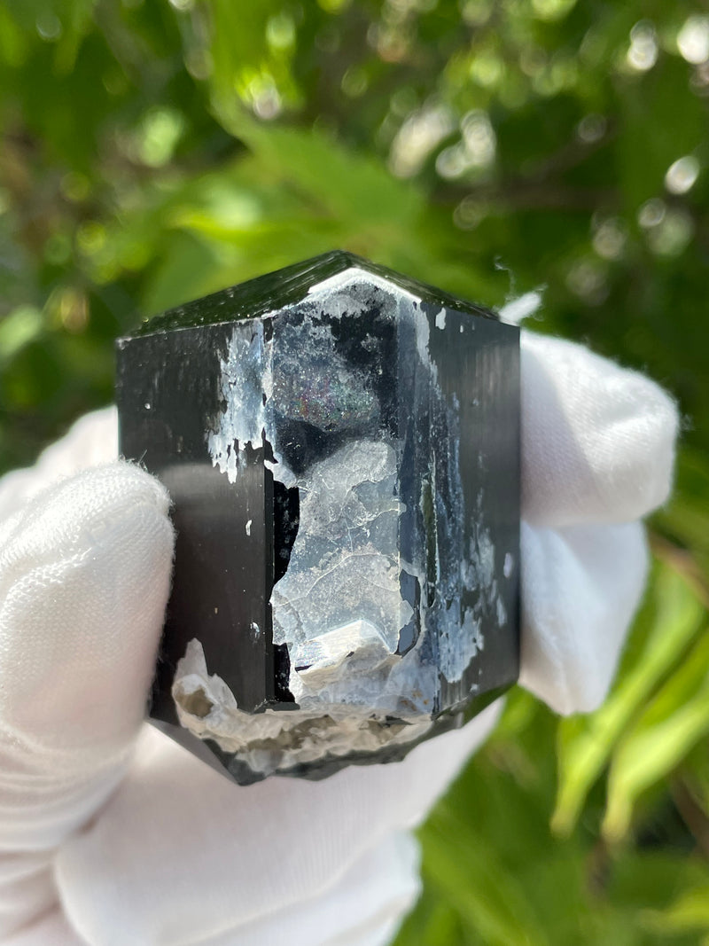 Double Terminated Black Tourmaline Crystal with Hyalite Opal, Mineral Specimen from Erongo Mountain, Erongo Region, Namibia