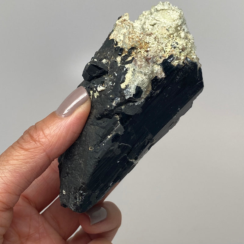 Lustrous Black Tourmaline with Hyalite & Feldspar with evidence of Quartz, from Erongo Mountain, Erongo Region, Namibia