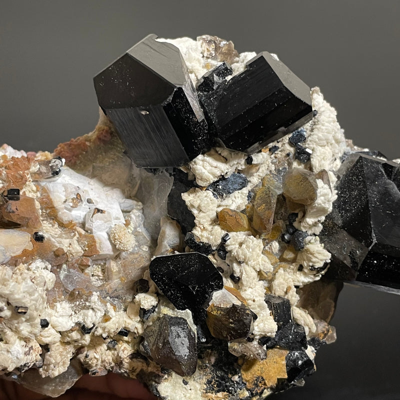 Self-Standing Black Tourmaline Crystal with Feldspar and Hyalite , from Erongo Mountain, Erongo Region, Namibia