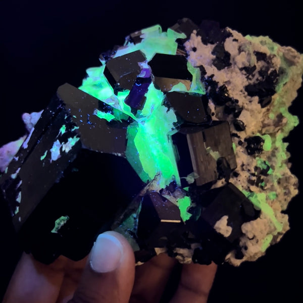 Self-Standing Black Tourmaline Crystal With Fluorescent Hyalite, from Erongo Mountain, Erongo Region, Namibia