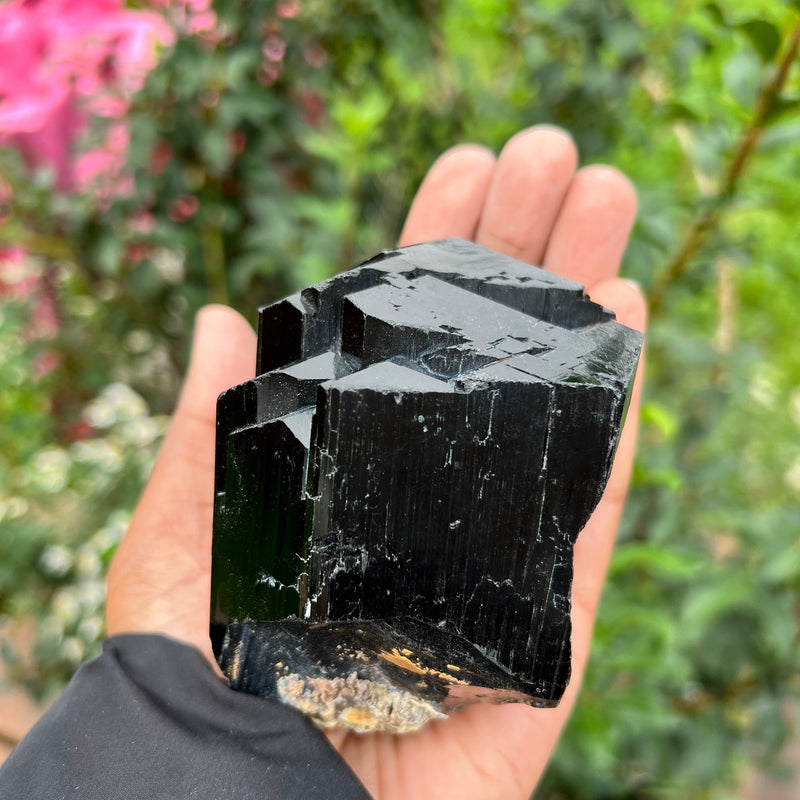 Lustrous Black Tourmaline Crystal with Hyalite, from Erongo Mountain, Erongo Region, Namibia