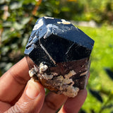 Lustrous Black Tourmaline Crystal with Feldspar and Hyalite, from Erongo Mountain, Erongo Region, Namibia