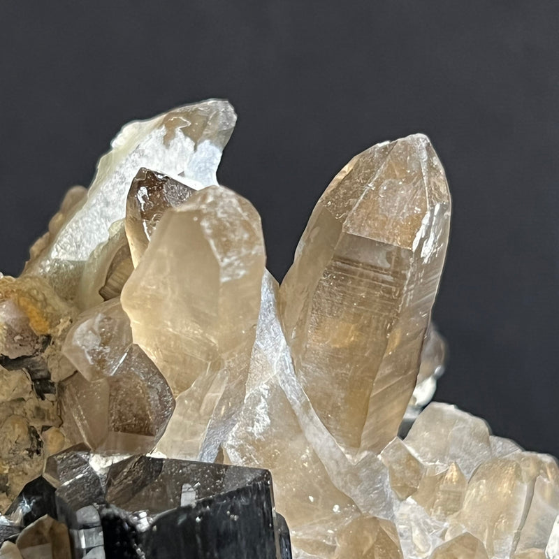 Black Tourmaline and Smoky Quartz with Hyalite, from Erongo Mountain, Erongo Region, Namibia