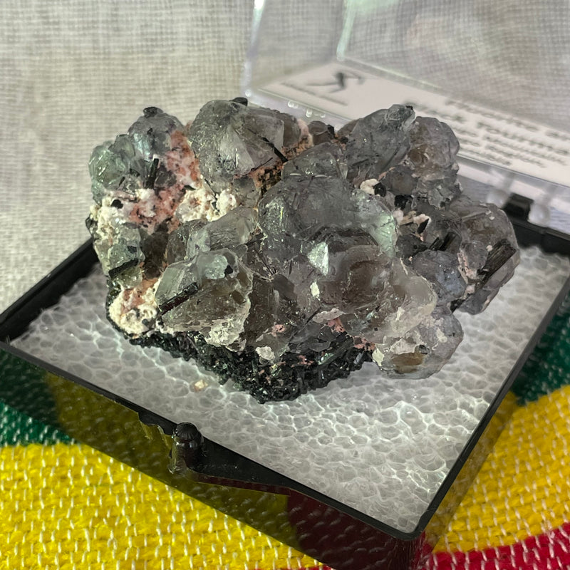Fluorite and Black Tourmaline in display box, Erongo Mountain, Erongo Region, Namibia