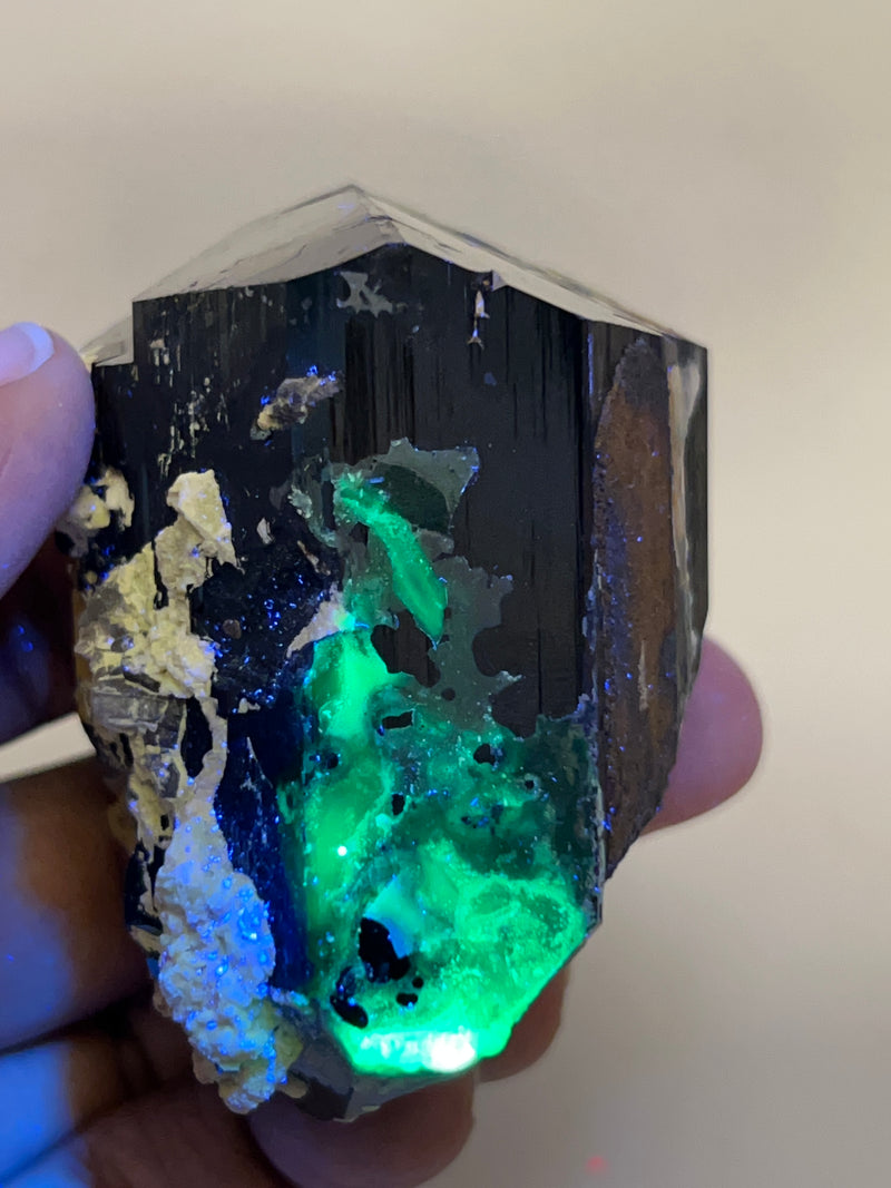 Lustrous Black Tourmaline Crystal with Feldspar and Hyalite, from Erongo Mountain, Erongo Region, Namibia