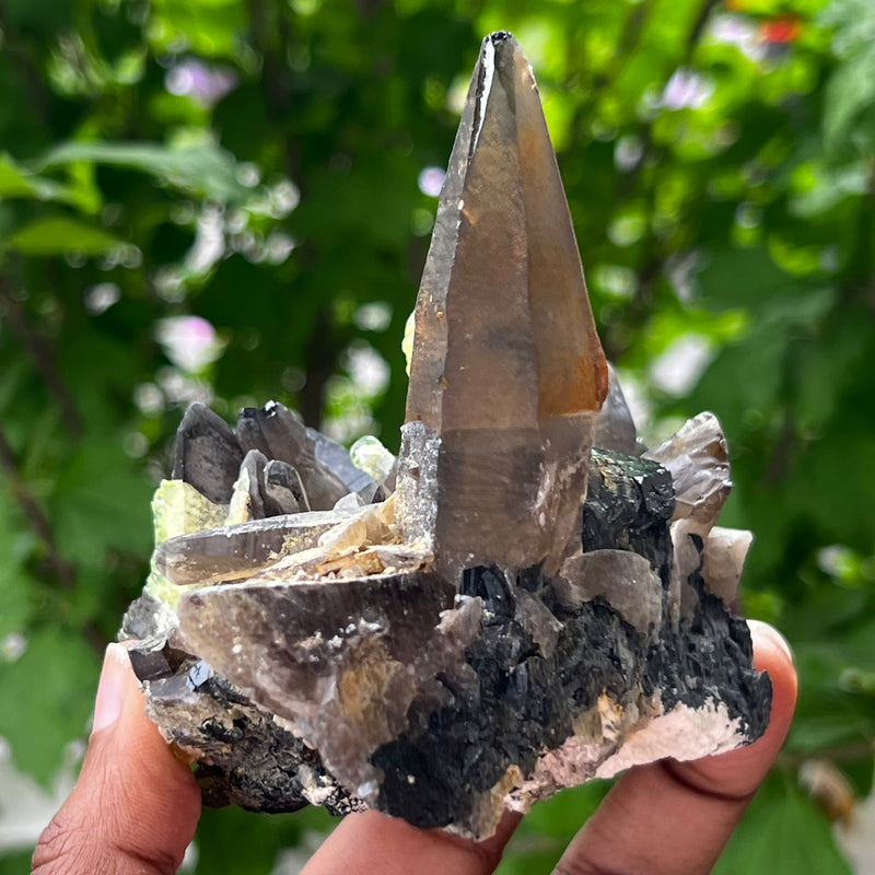 Gorgeous Self-Standing Smoky Quartz with Black Tourmaline and Hyalite, Rondekop, Erongo Mountain, Erongo Region, Namibia