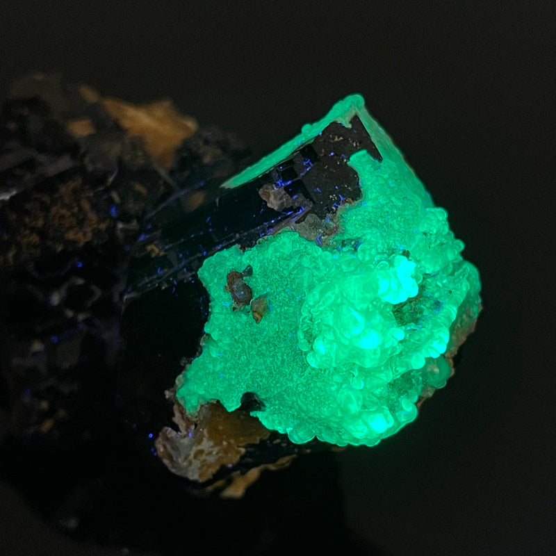 Self-Standing Black Tourmaline Crystal with Hyalite and Feldspar, from Erongo Mountain, Erongo Region, Namibia