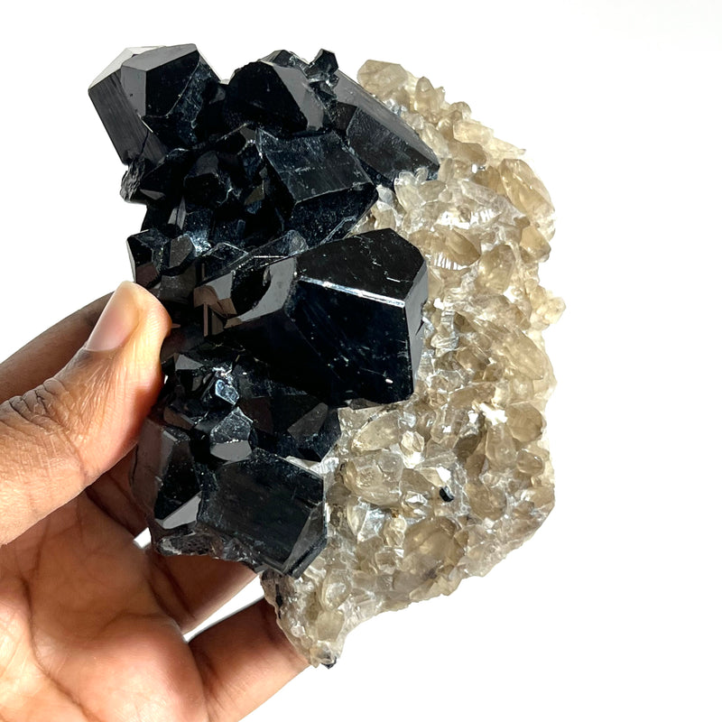 Self-Standing Lustrous Black Tourmaline with Smoky Quartz, from Erongo Mountain, Erongo Region, Namibia