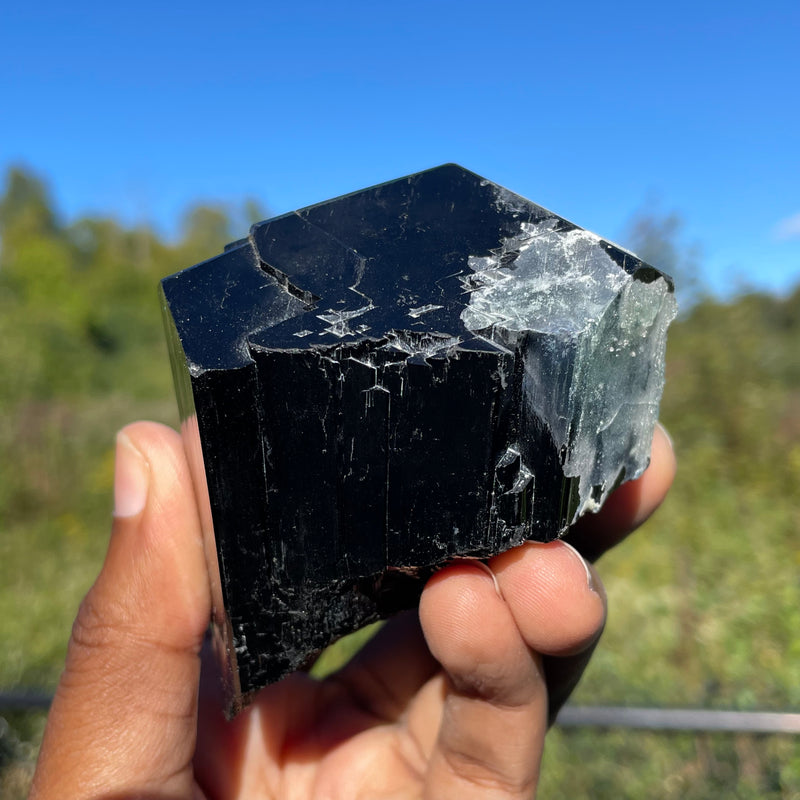 Lustrous Black Tourmaline Crystal with Hyalite, from Erongo Mountain, Erongo Region, Namibia