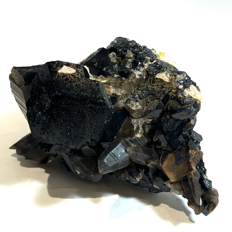 Lustrous Black Tourmaline Crystal with Smoky Quartz & Hyalite, from Erongo Mountain, Erongo Region, Namibia