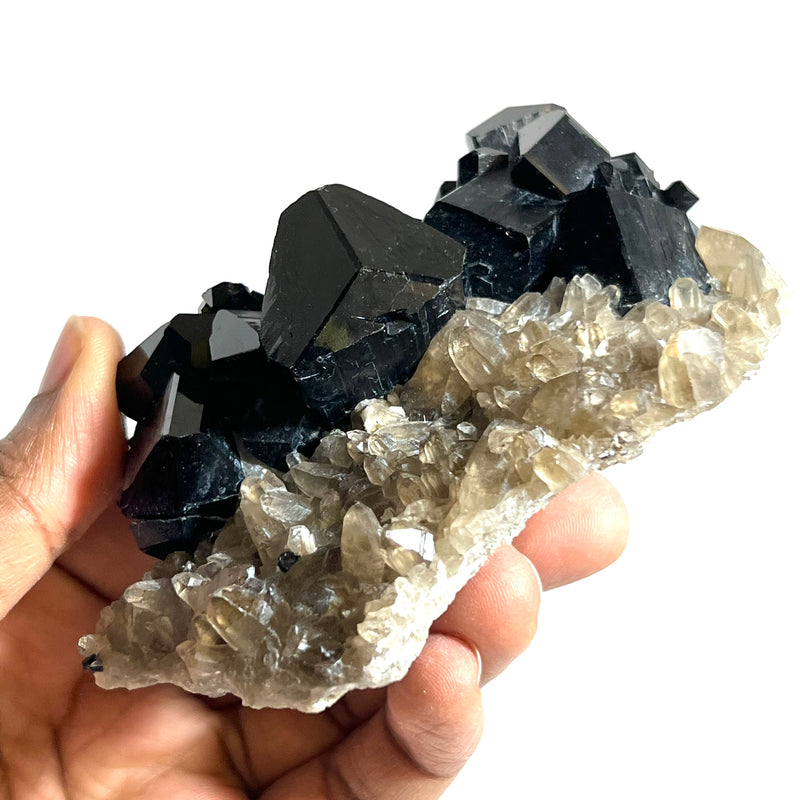 Self-Standing Lustrous Black Tourmaline with Smoky Quartz, from Erongo Mountain, Erongo Region, Namibia