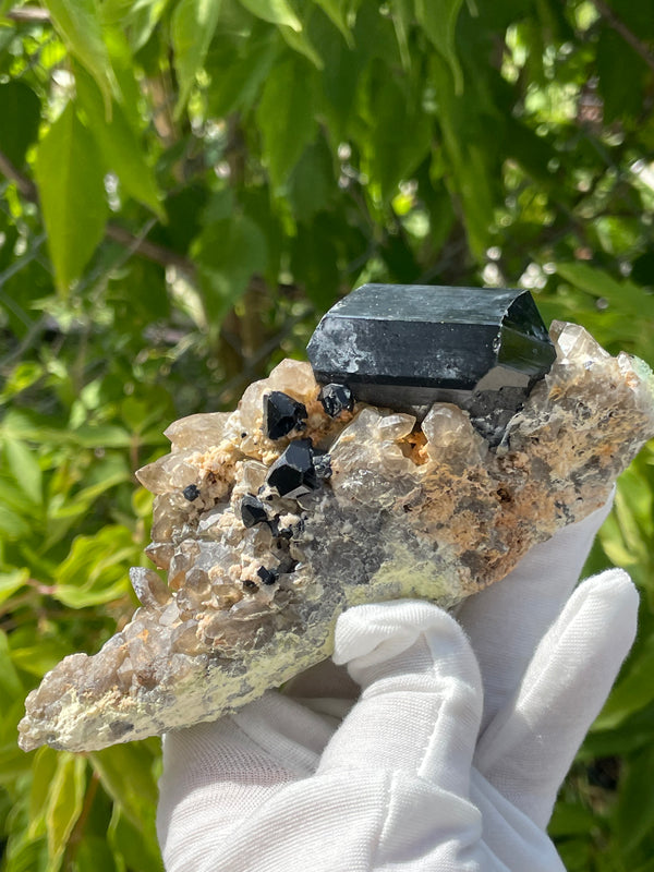 Large Black Tourmaline Crystal on Smoky Quartz and Feldspar, with Hyalite Opal, Mineral Specimen from Erongo Mountain, Erongo Region, Namibia