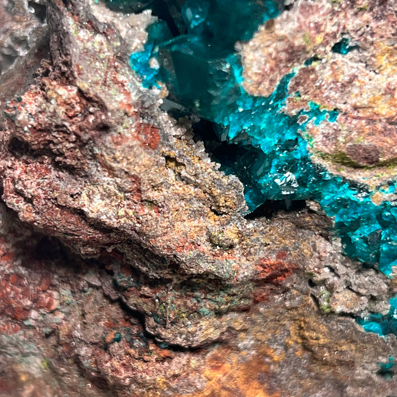 Druzy Dioptase and Calcite , ex. Neels Dreyer, Tsumeb Mine, Tsumeb, Oshikoto Region, Namibia