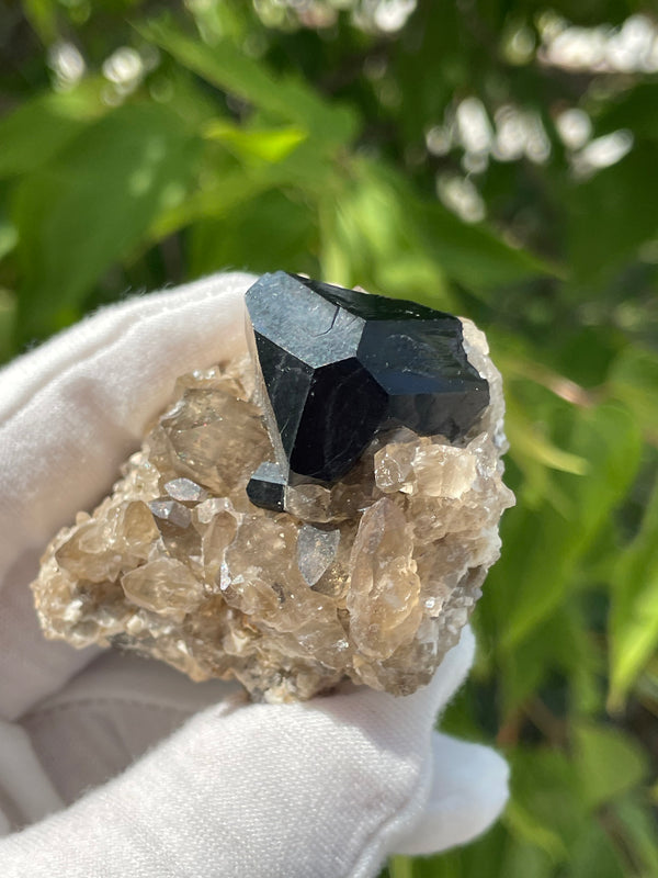 Black Tourmaline Crystal on Feldspar and Smoky Quartz Matrix, Mineral Specimen from Erongo Mountain, Erongo Region, Namibia