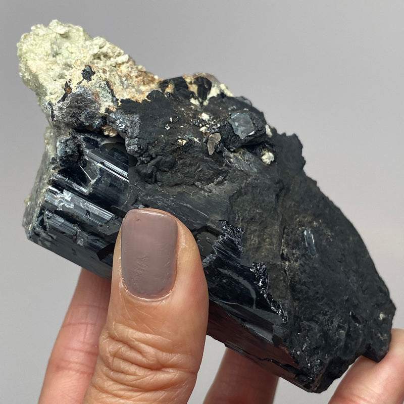 Lustrous Black Tourmaline with Hyalite & Feldspar with evidence of Quartz, from Erongo Mountain, Erongo Region, Namibia